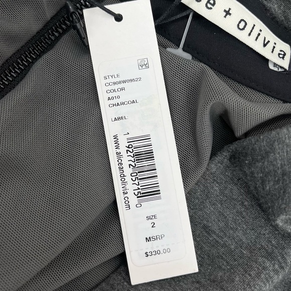 NWT Alice + Olivia Pace Dress in Charcoal Gray Ruched Knit Leather Neck Size 2 - Picture 11 of 16